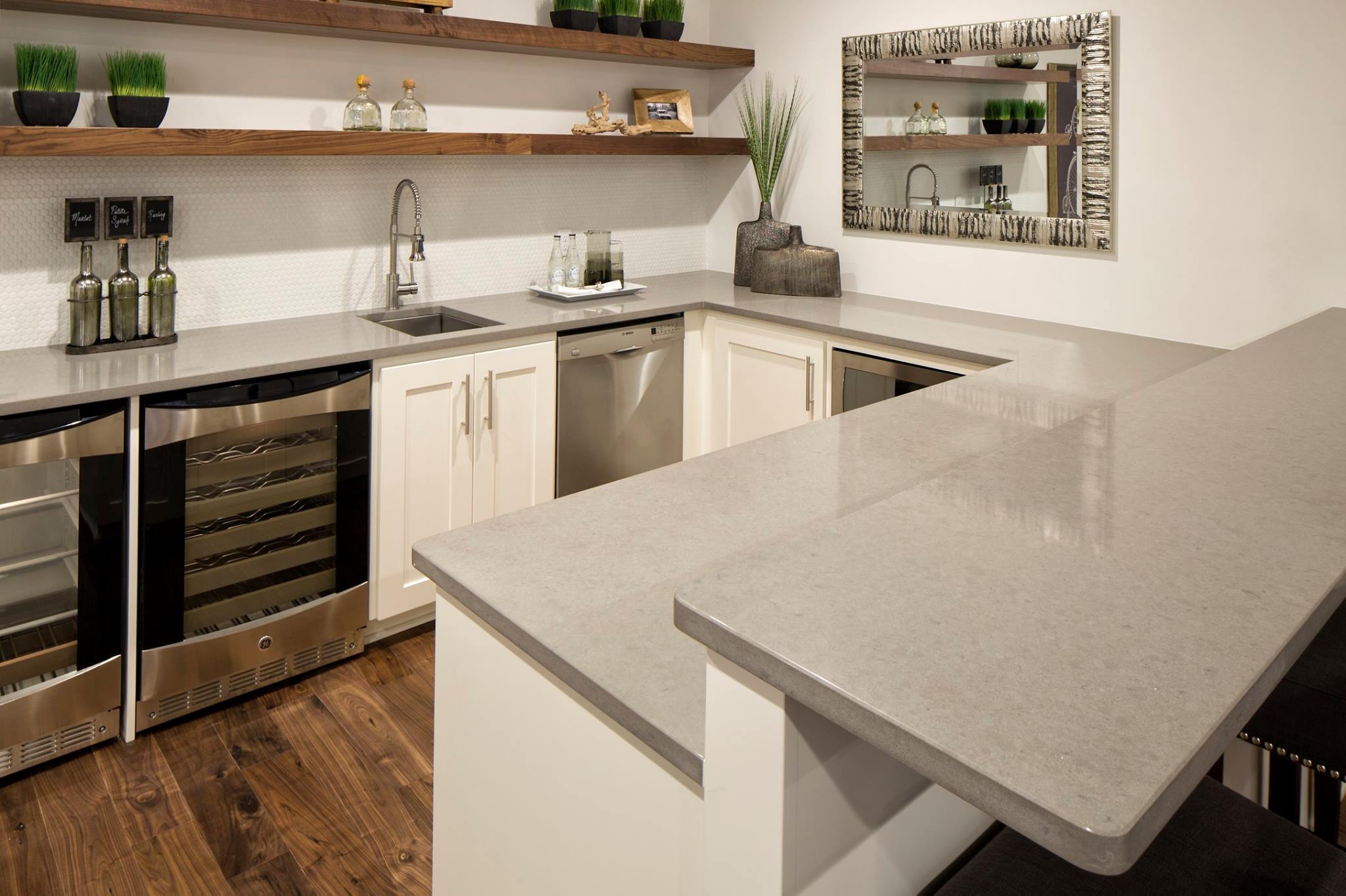 Quartz Countertops installed in lower level wet bar in Minneapolis by C&D Granite Countertops