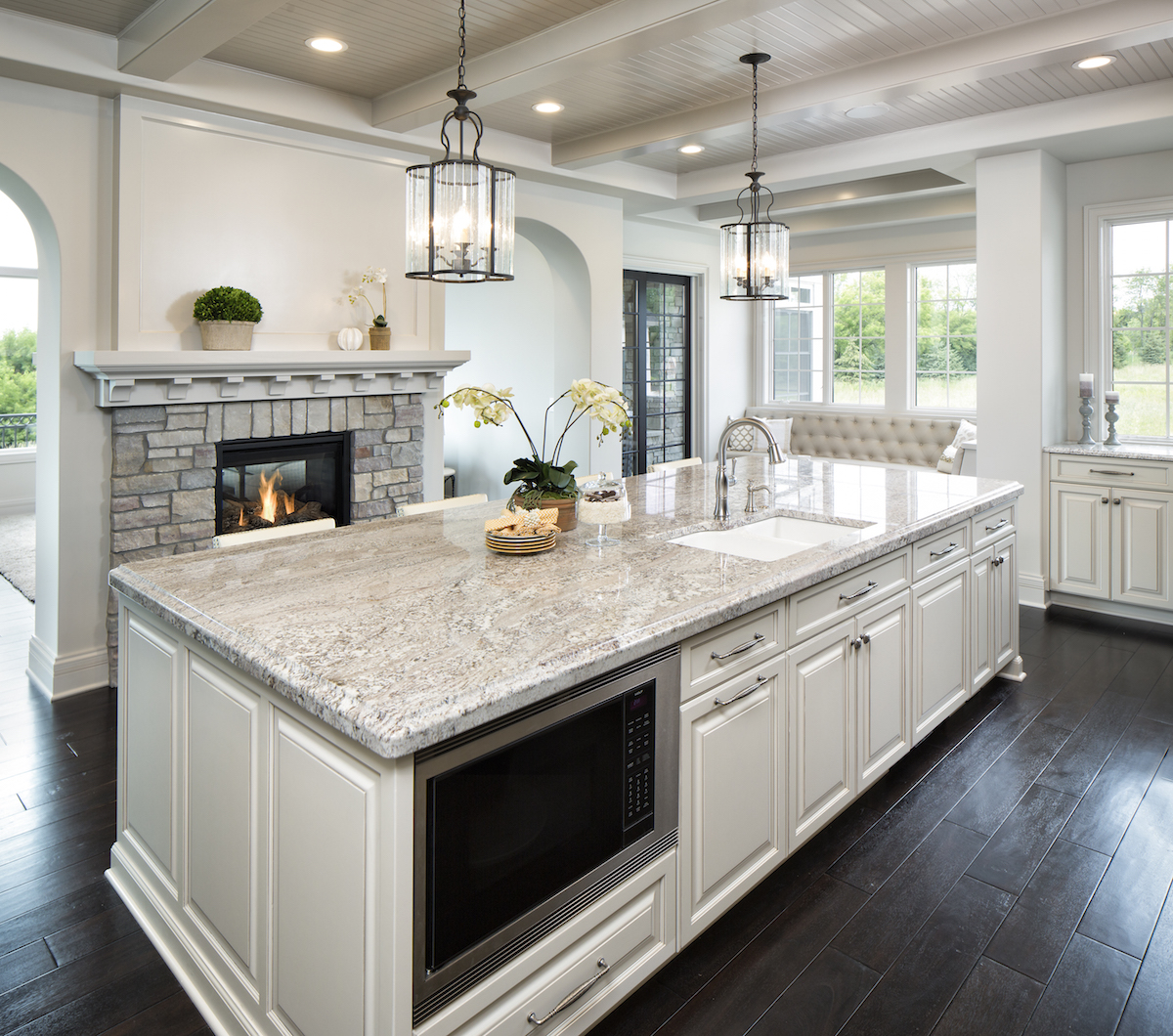 Taupe White Granite Kitchen Counters in new kitchen in Woodbury MN.