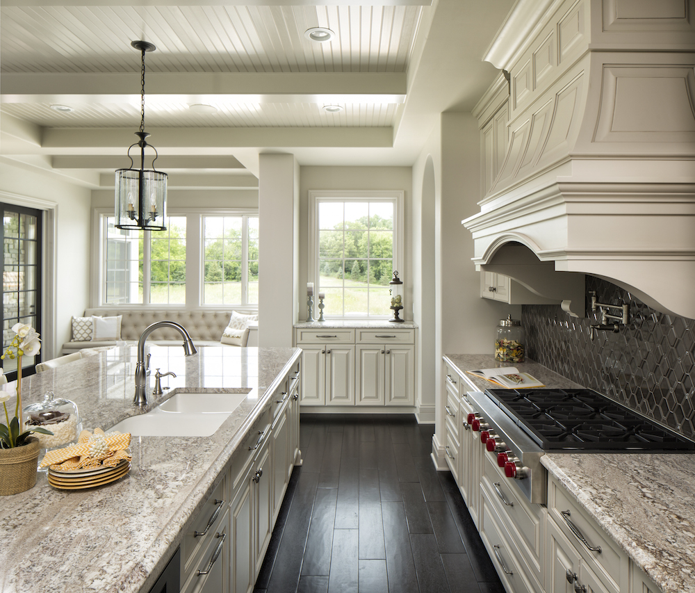 Taupe White Granite Kitchen Counters in new kitchen in Woodbury MN.