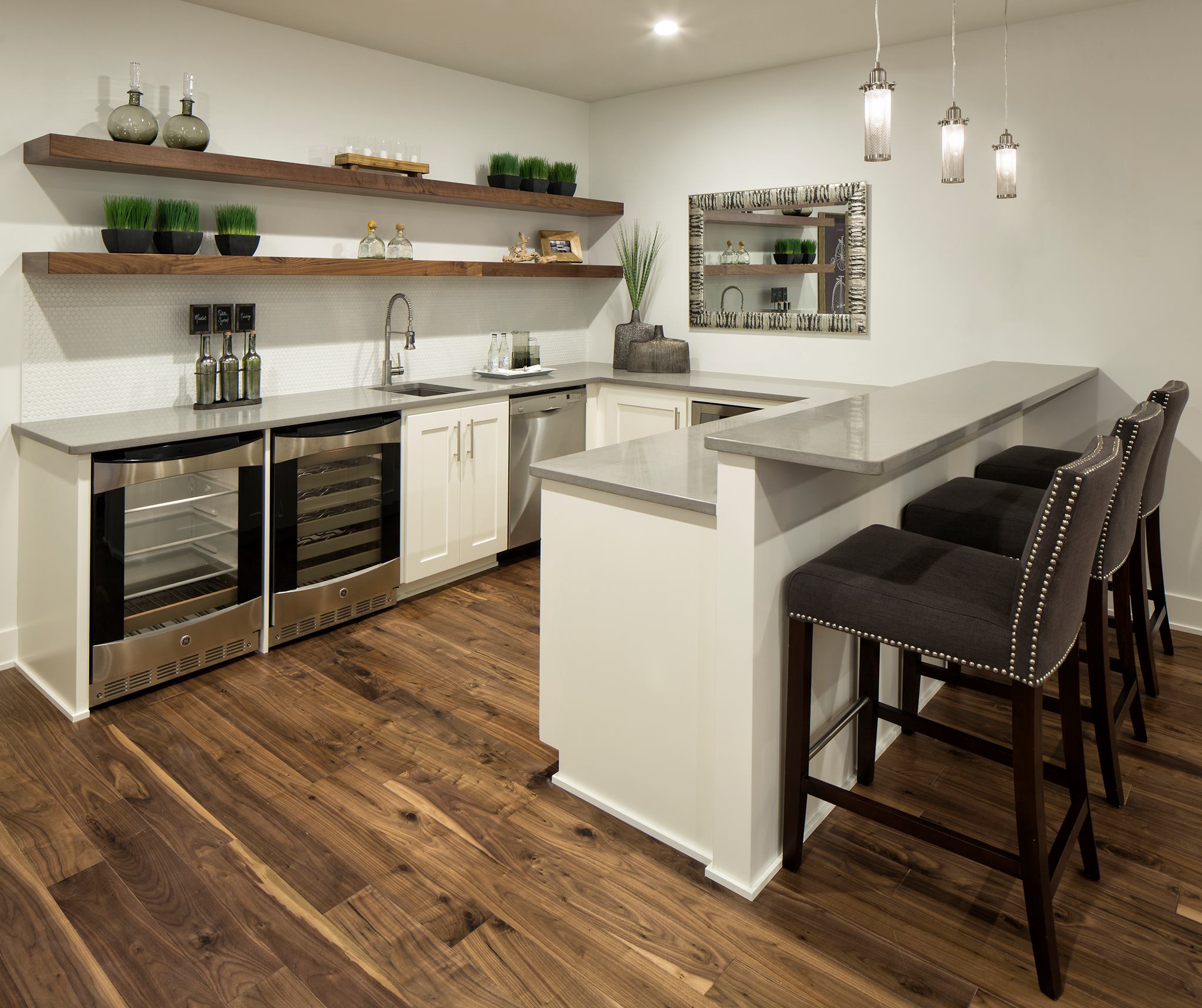 Pebble Caesarstone Countertops lower level wet bar in Minneapolis by C&D Granite