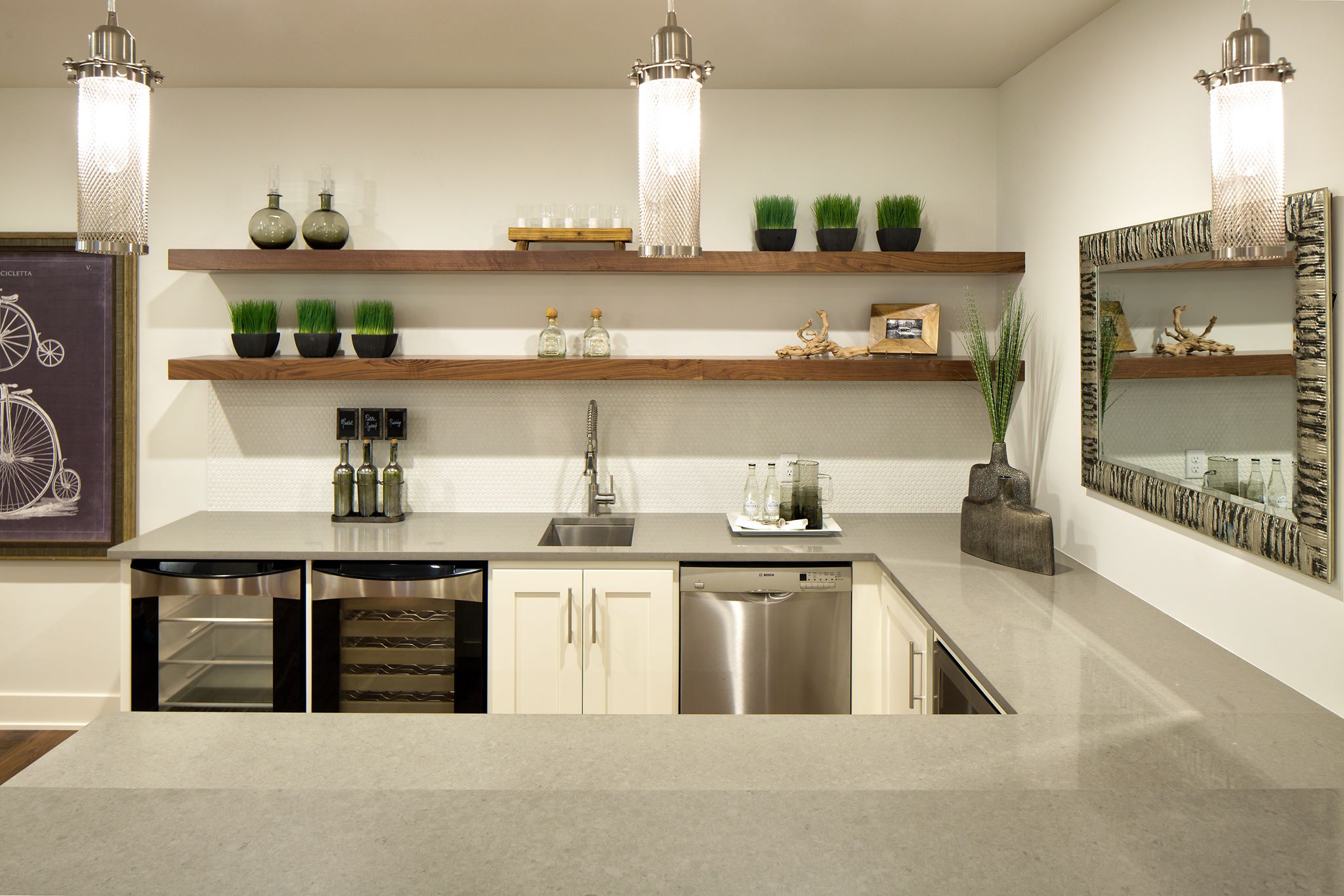 Pebble Caesarstone Countertops lower level wet bar in Minneapolis by C&D Granite