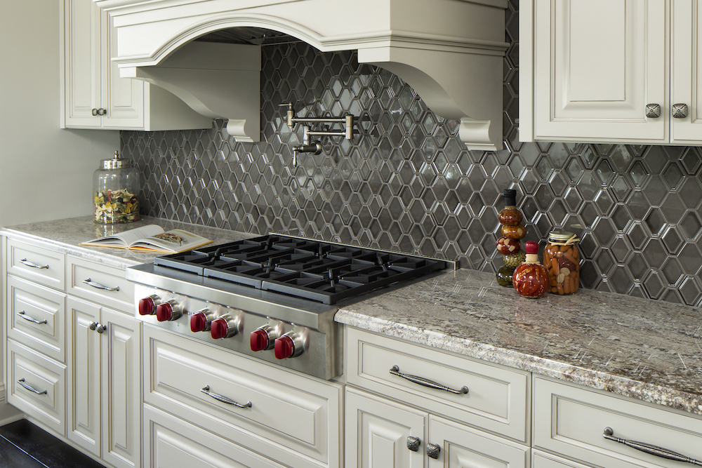 Taupe White Granite Kitchen Counters in new kitchen in Woodbury MN.