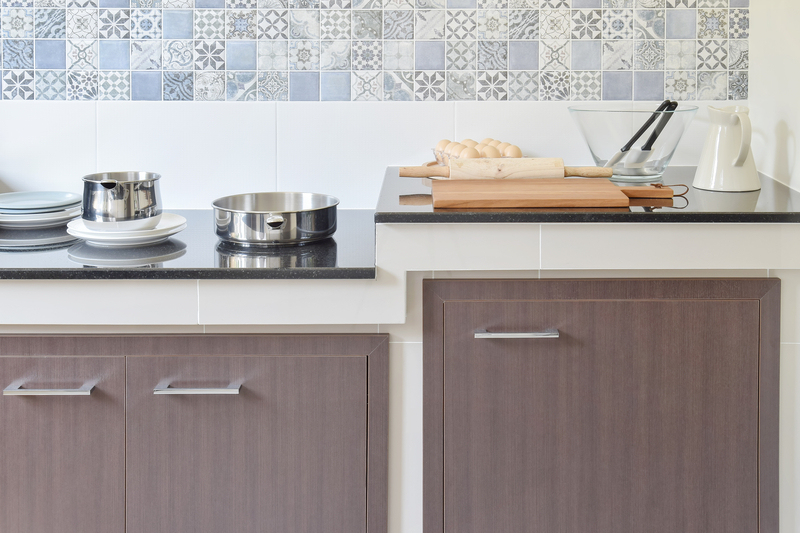 pans on natural stone countertop